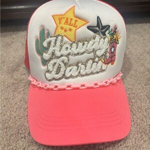 Howdy Darlin' Embellished Trucker Hat - Pink & White Glitter Cowgirl